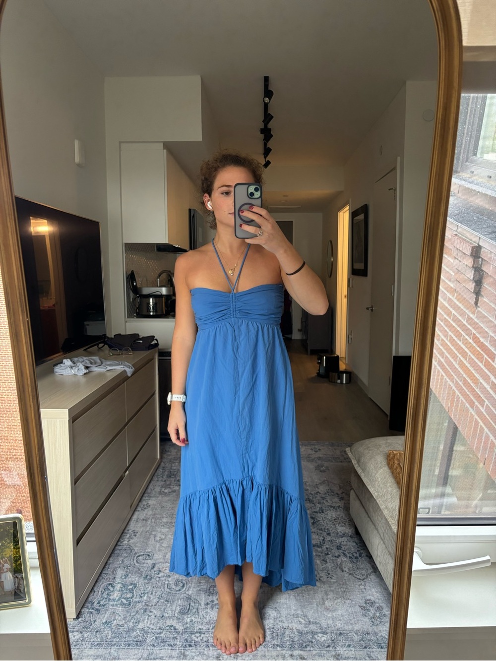 Blue Strapless Ruffle-Hem Maxi Dress